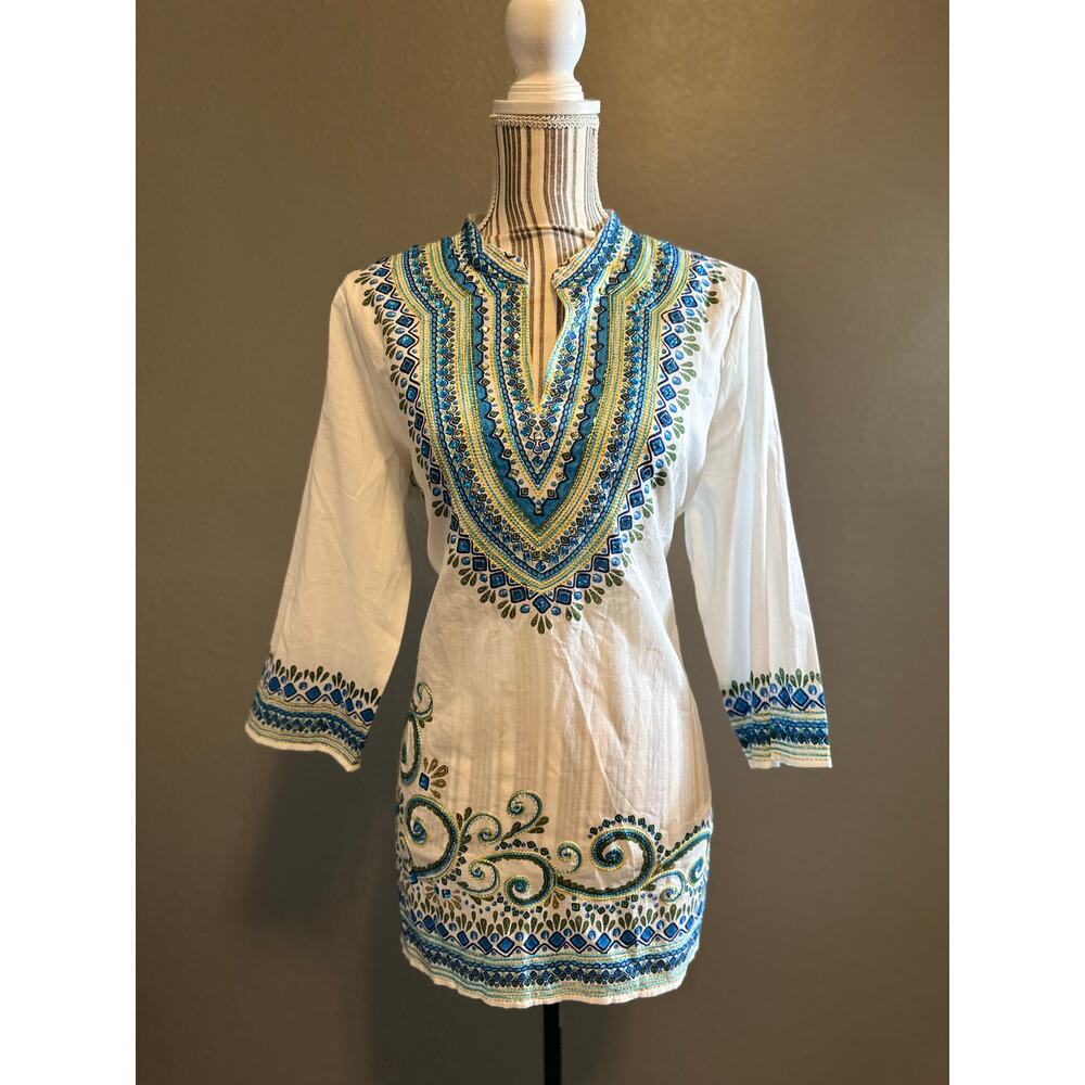 NWT Chico’s Turquoise Beauty Krysta Top 3/4 Sleeve Beaded Tunic Size 1